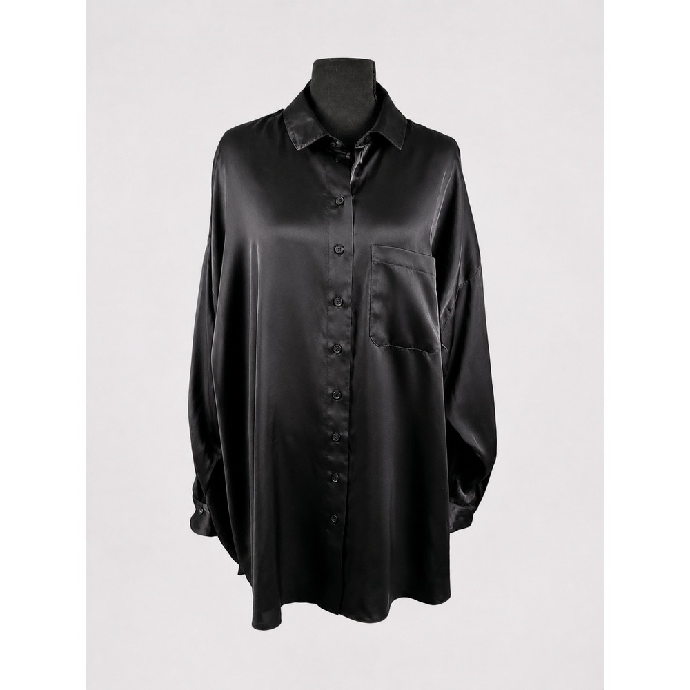 Topshop US 10 Black Satin Oversized Button Down Shirt Blouse NWT
